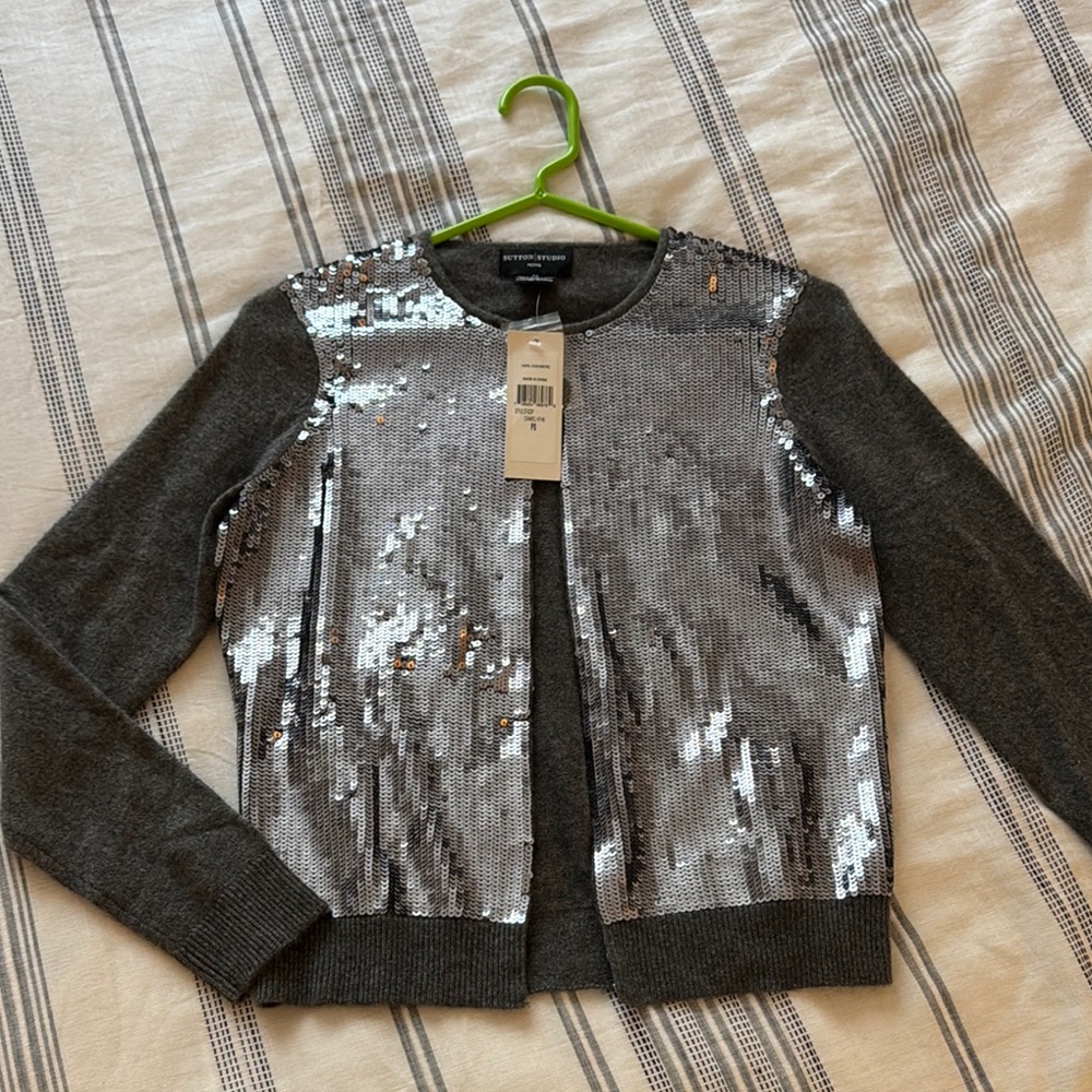 NWT Sutton Studio Cashmere Silver Sequin Sweater